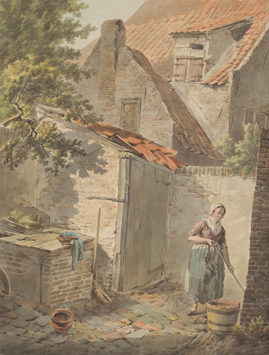 Binnenplaats met een dienstmeid die schoonmaakt 1775   1840