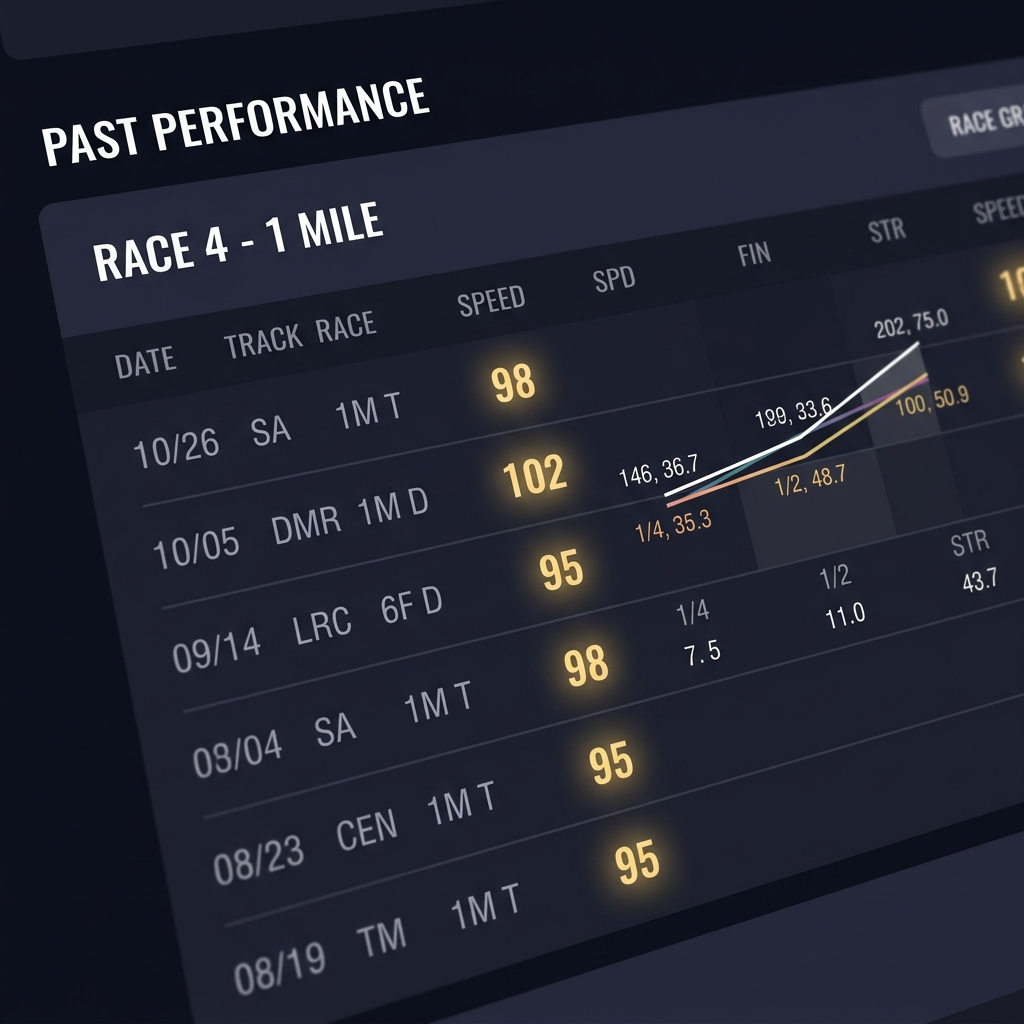 Full frame close up of a past performance chart on a dark Funded Plays style screen with highlighted speed figures and pace lines clean minimalist layout how to bet on horse racing online
