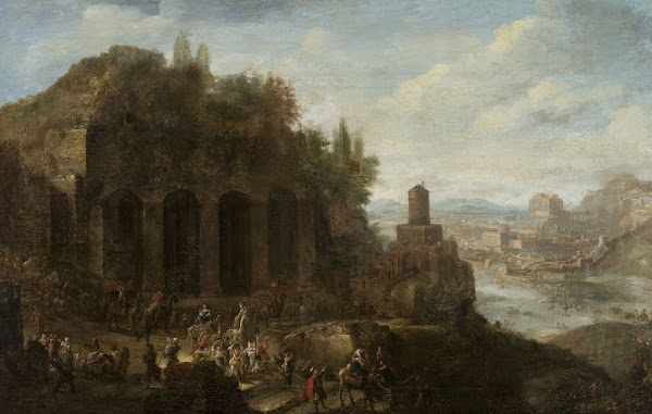 Landscape with a view of a port city 1662