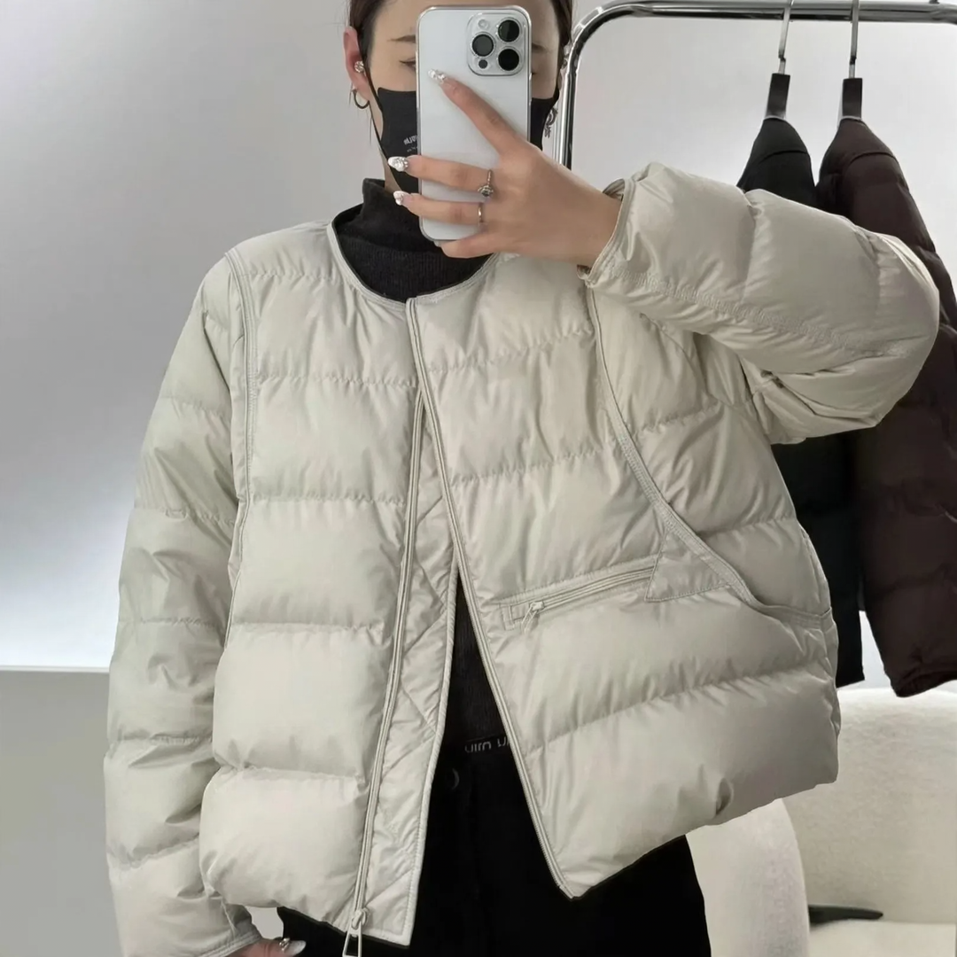 Lightweight short down jacket with round neckline