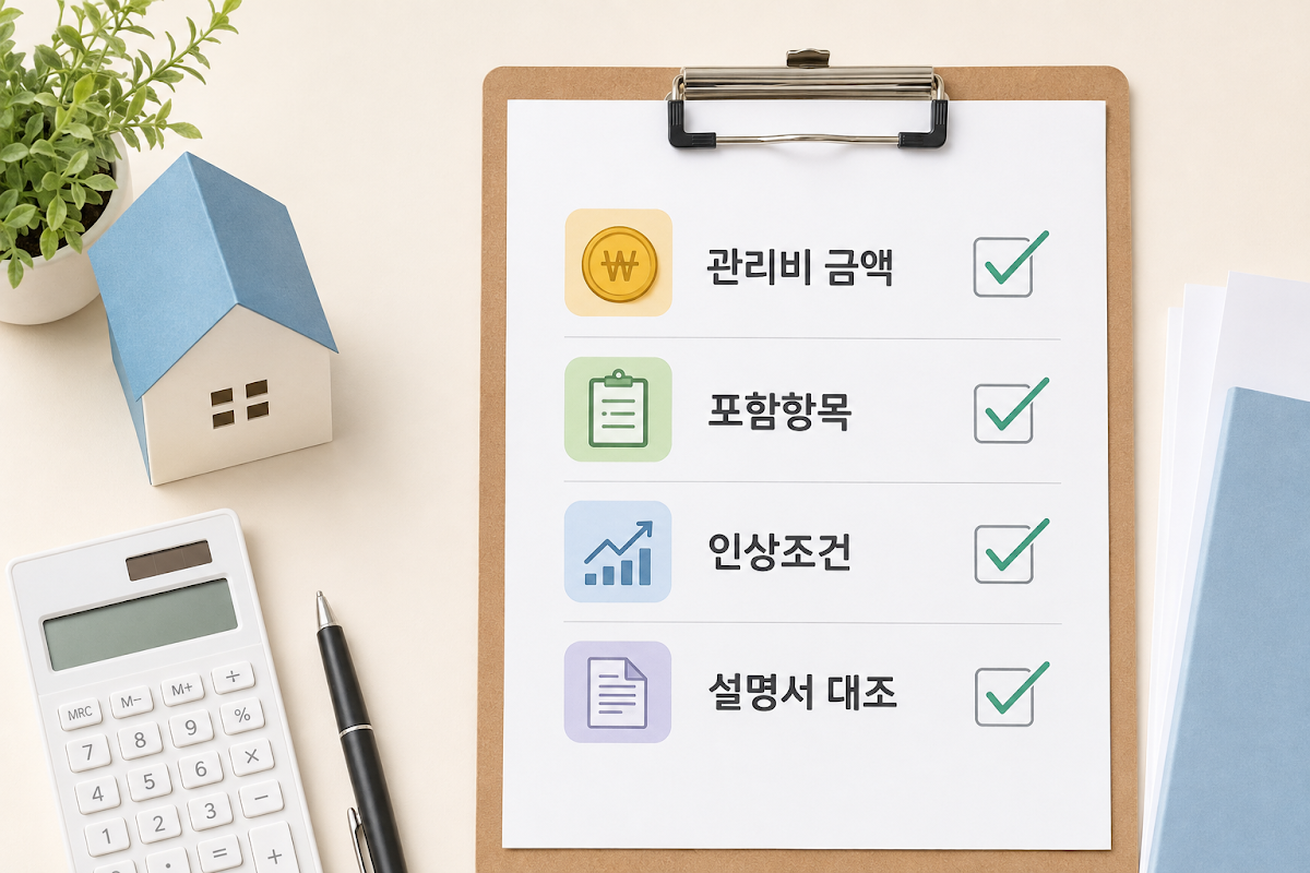 계약 전 관리비 금액, 포함항목, 인상조건, 설명서 대조 체크리스트