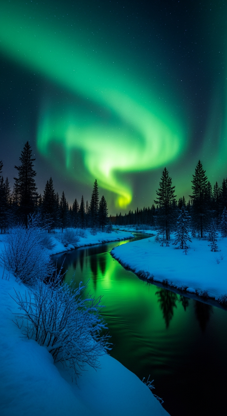 Vivid Aurora Borealis Over a Snow-Covered Forest and Reflective Icy Stream - Free 4K mobile Wallpaper
