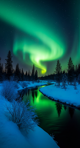 Vivid Aurora Borealis Over a Snow-Covered Forest and Reflective Icy Stream