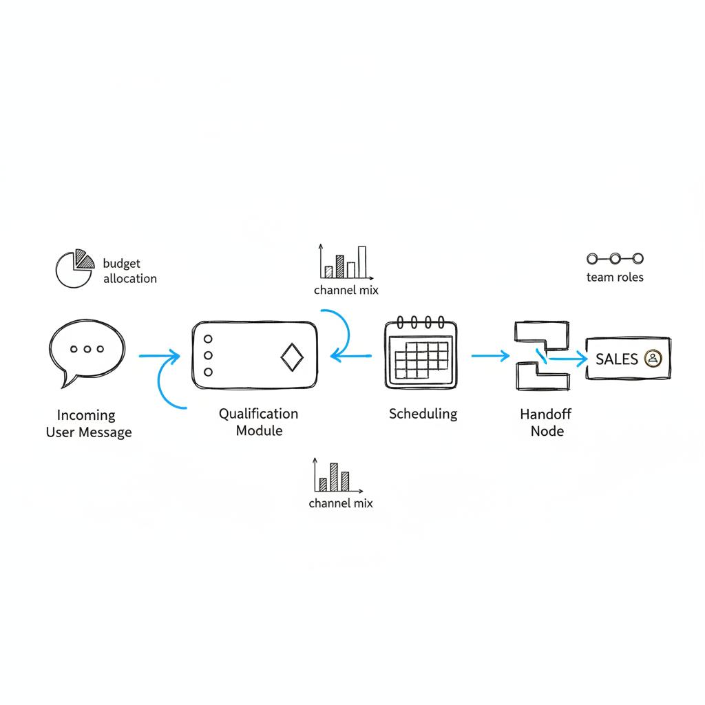 Minimalist 2D vector sketch of a chat widget routing flow on white paper showing chat bubble to bot qualification to calendar booking to sales handoff &mdash; CRM for lead generation