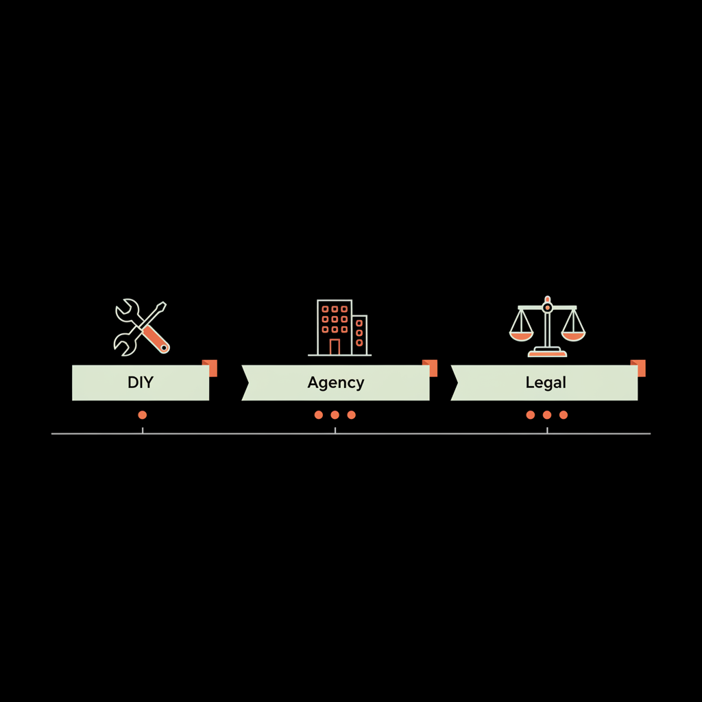 Minimal 2D vector infographic timeline showing three price bands with icons for DIY, agency, and legal cost tiers — cost to have Google reviews removed