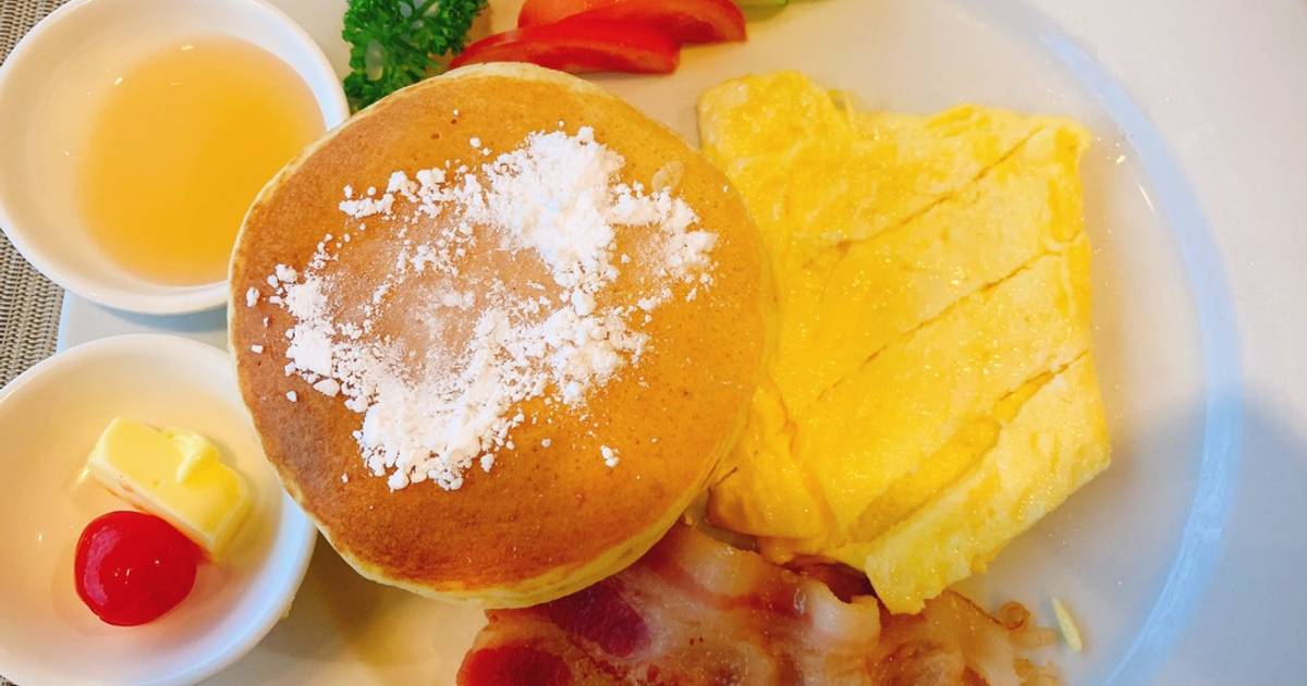 Pancake with bacon and eggs