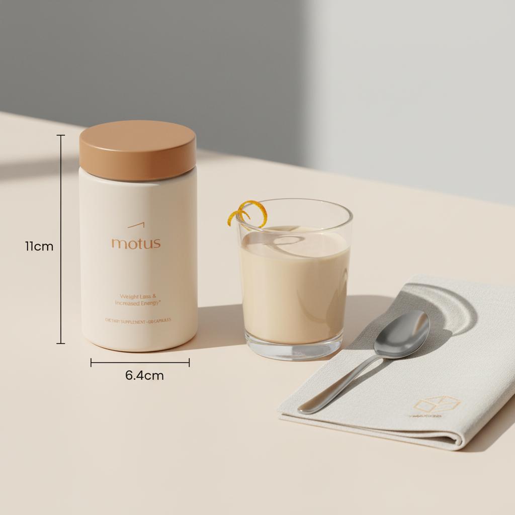 Minimalist tabletop with Tonum Motus supplement jar beside a creamy high protein drink, linen napkin and spoon on a #F2E5D5 background — high protein drinks for weight loss