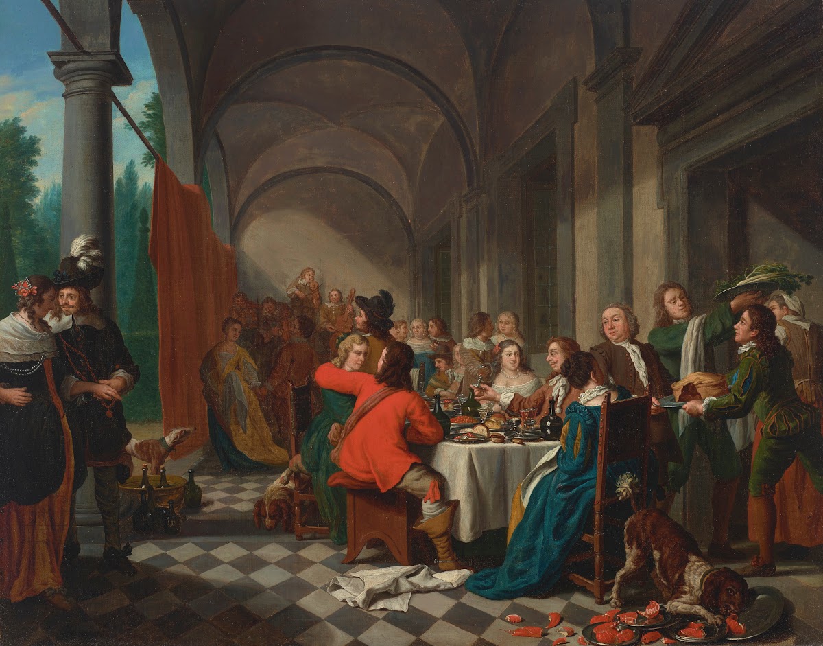 An elegant dinner party in an arcade 1744