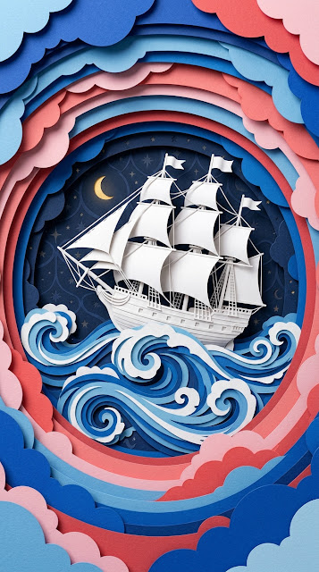 3D Layered Papercut Art of a Sailing Ship on Stormy Waves - Free mobile Wallpaper
