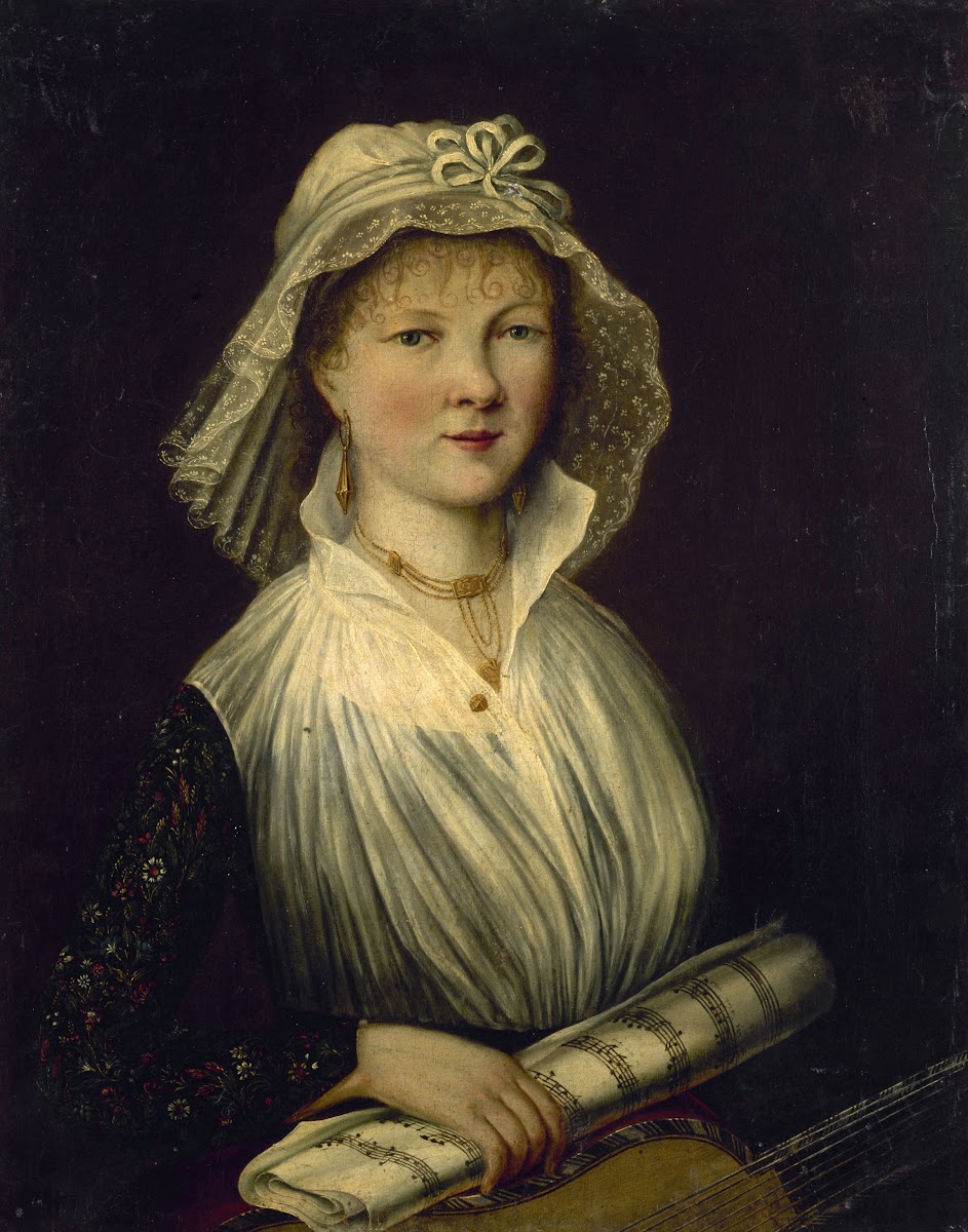Portrait de femme tenant un rouleau de musique dite Mme Courcier 1796
