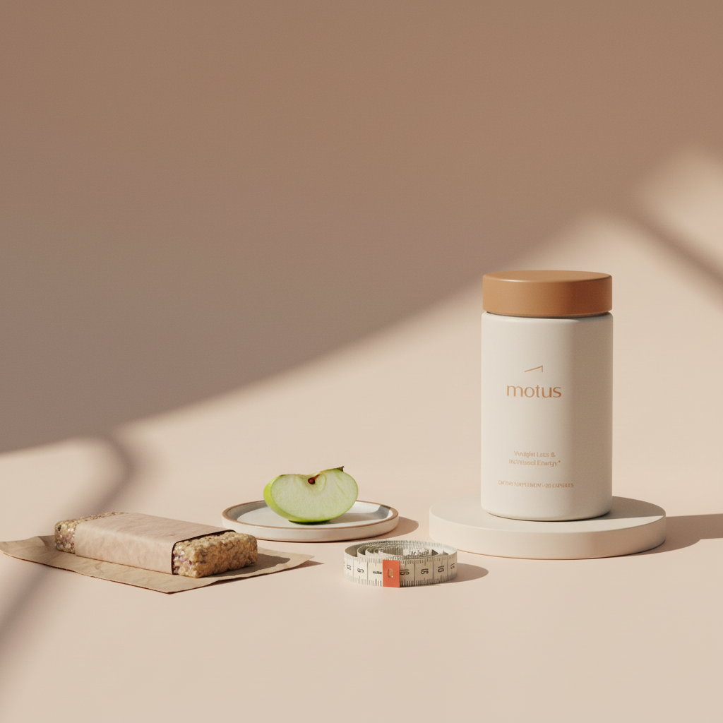 Minimalist still-life of Tonum Motus supplement jar beside a wrapped protein bar, apple slice, and measuring tape on a soft #F2E5D5 background — best protein bars for weight loss