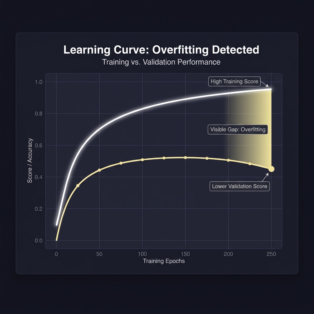 Close up learning curve plot with annotations showing high training score and lower validation score illustrating How to Avoid Overfitting a Sports Model on a minimalist Funded Plays dark background