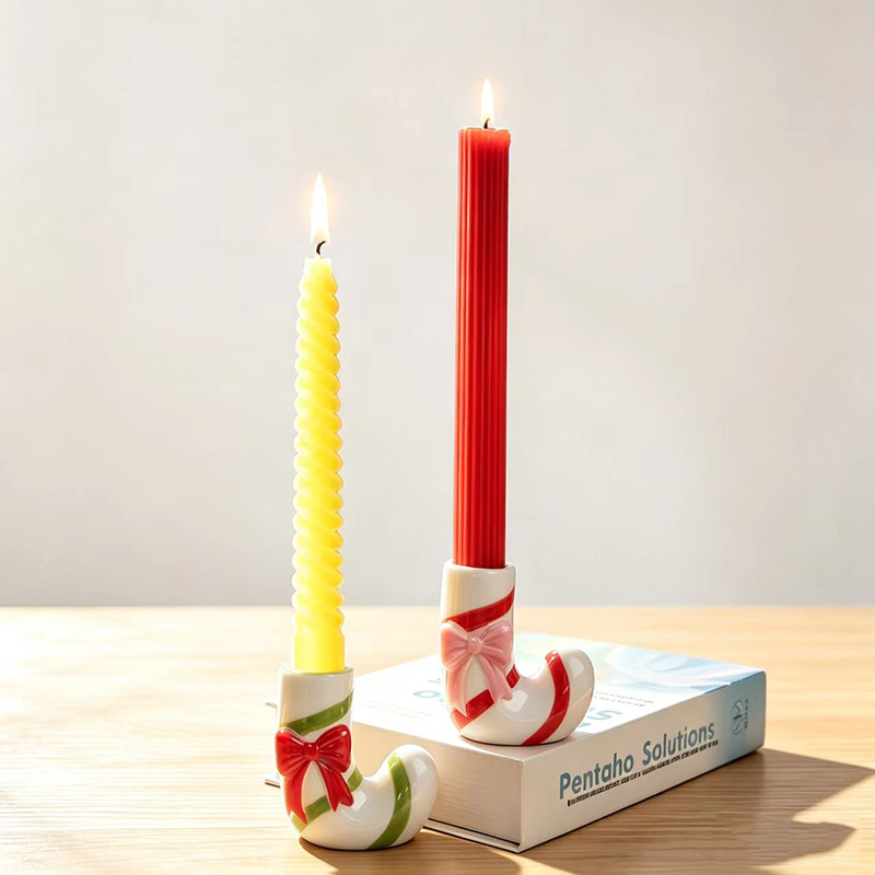 Ceramic Candle Holder in Candy Cane Design