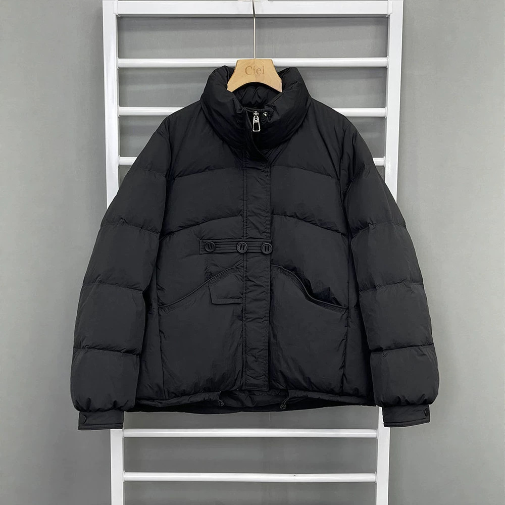 Short women's down jacket, stand-up collar, white duck down