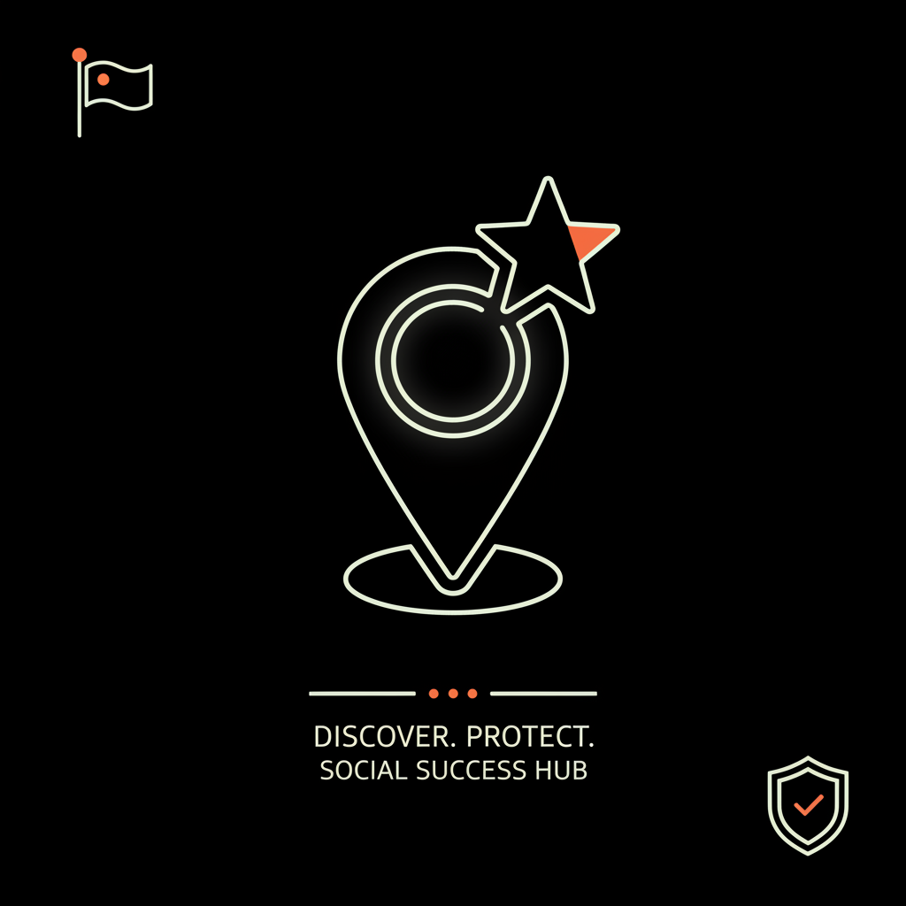 Minimal vector infographic showing a map pin with an overlayed review star plus small flag and shield icons on a black background to illustrate how to remove reviews from Google