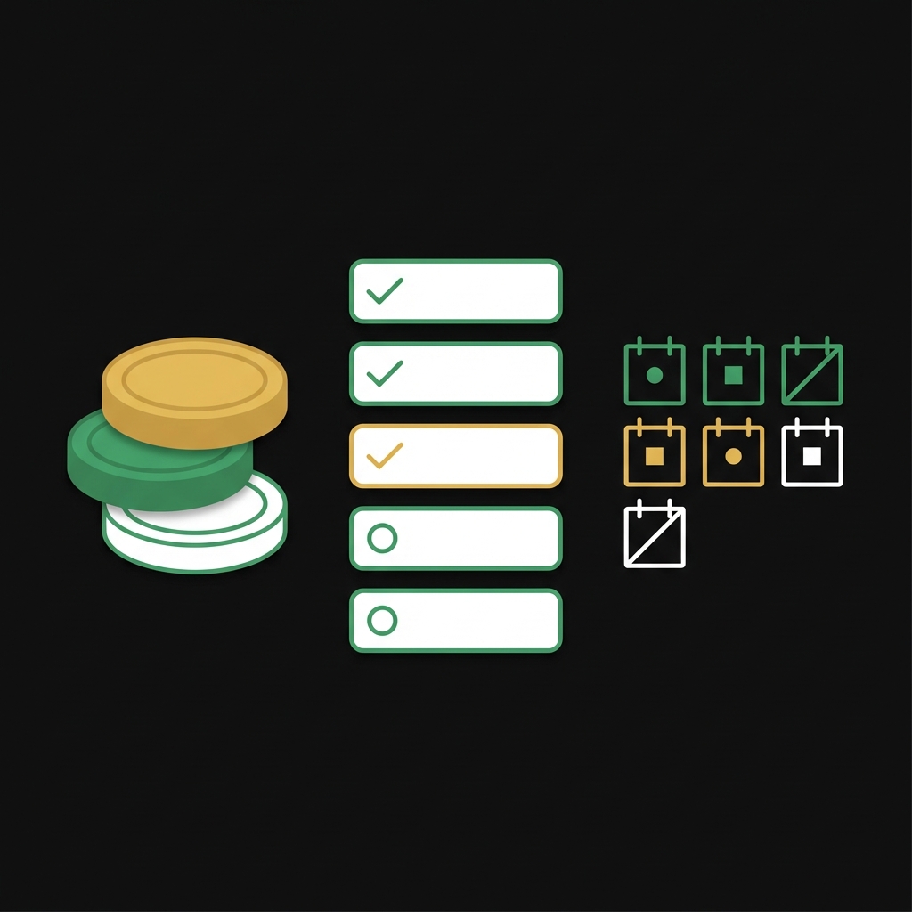 Flat lay vector infographic of three stacked coins five checklist items and seven calendar marks on dark background illustrating 3 5 7 rule in stocks