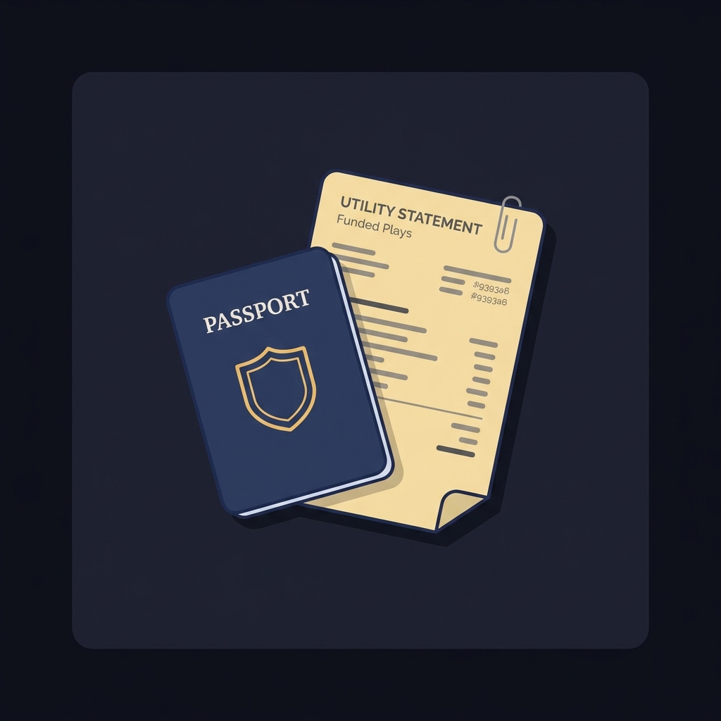 Minimalist 2D vector illustration of overlapping passport and utility bill on a Funded Plays dark background representing document verification for best horse racing wagering sites