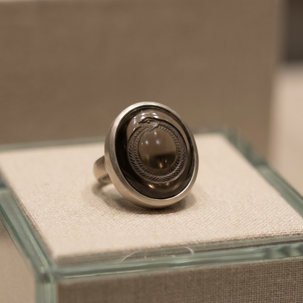 Close up of carved intaglio showing a coiled serpent forming an ouroboros ring meaning in a minimalist museum display on neutral ede7da background with subdued gallery lighting