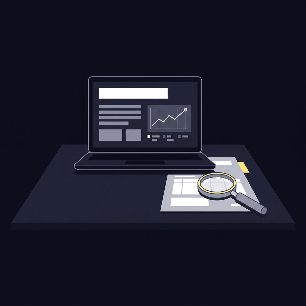 Minimalist 2D vector desk with laptop showing stylized financial headlines and a printed company filing with magnifying glass symbolizing public records verification tyson fury odds