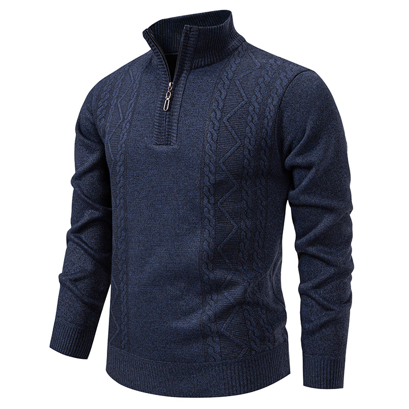 Men's knitted pullover with stand-up collar and half-zip closure