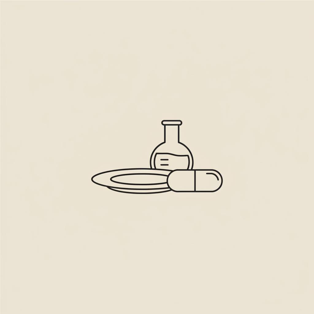 Minimal Tonum-style line illustration of a plate, capsule, and lab beaker on a beige background — How much does the metabolic balance program cost?