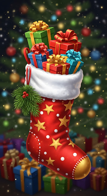 Christmas Stocking Overflowing with Festive Gifts - Free mobile Wallpaper