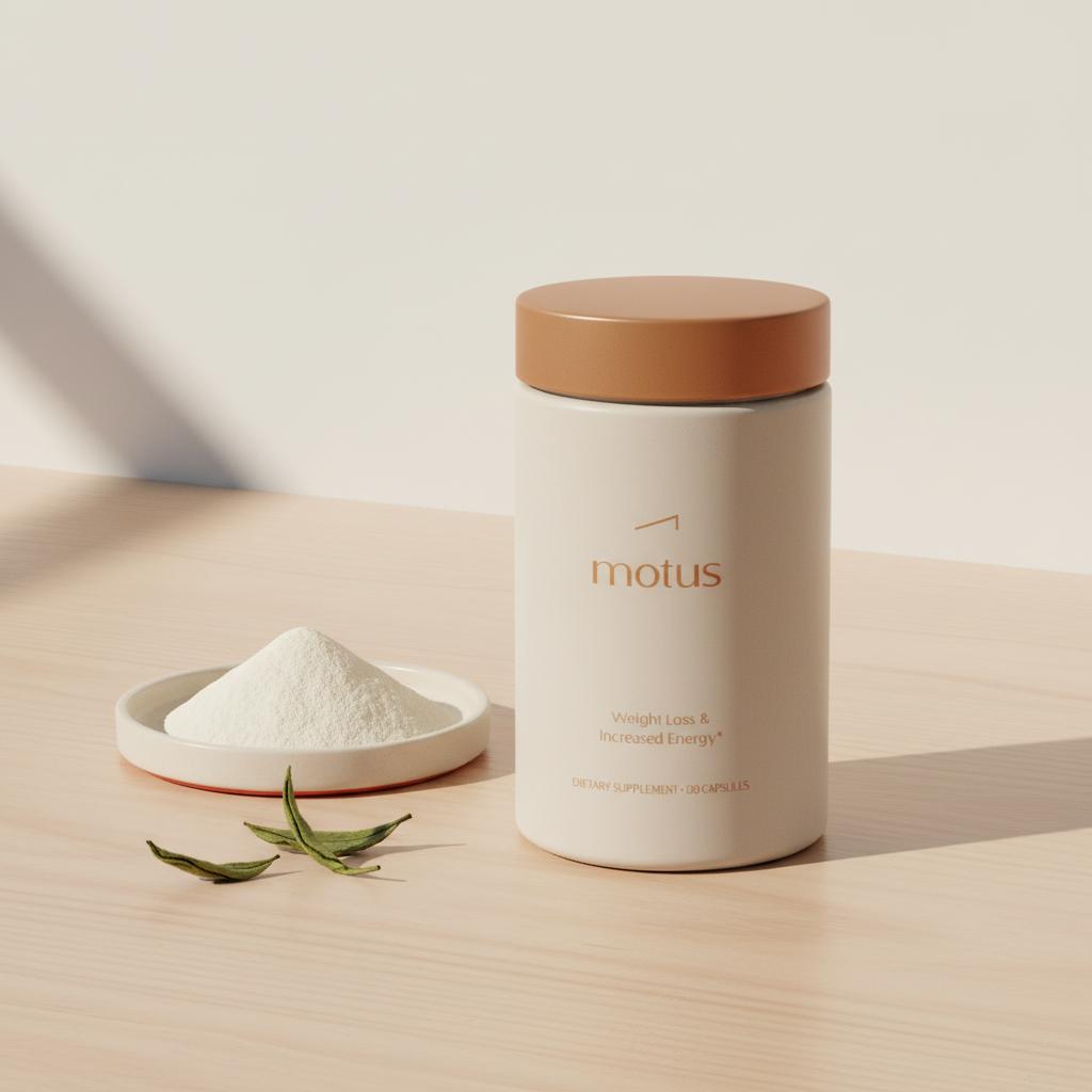 Motus supplement container on a light wood table with a dish of glucomannan powder and loose green tea leaves, minimalist Tonum scene for stimulant-free fat burners.
