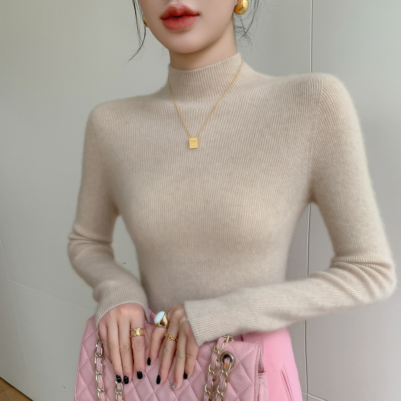 Women's cashmere sweater, stand-up collar, slim fit