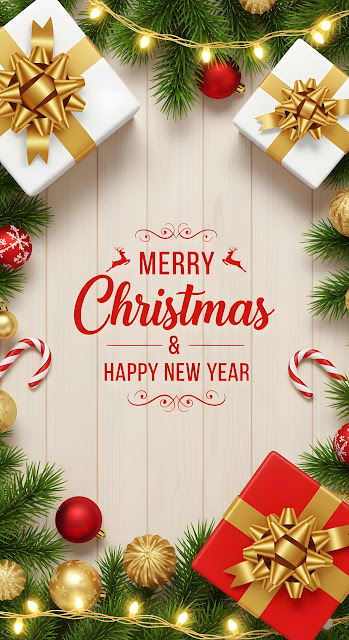 Festive Christmas Greeting Card with Gifts and Ornaments - Free mobile Wallpaper