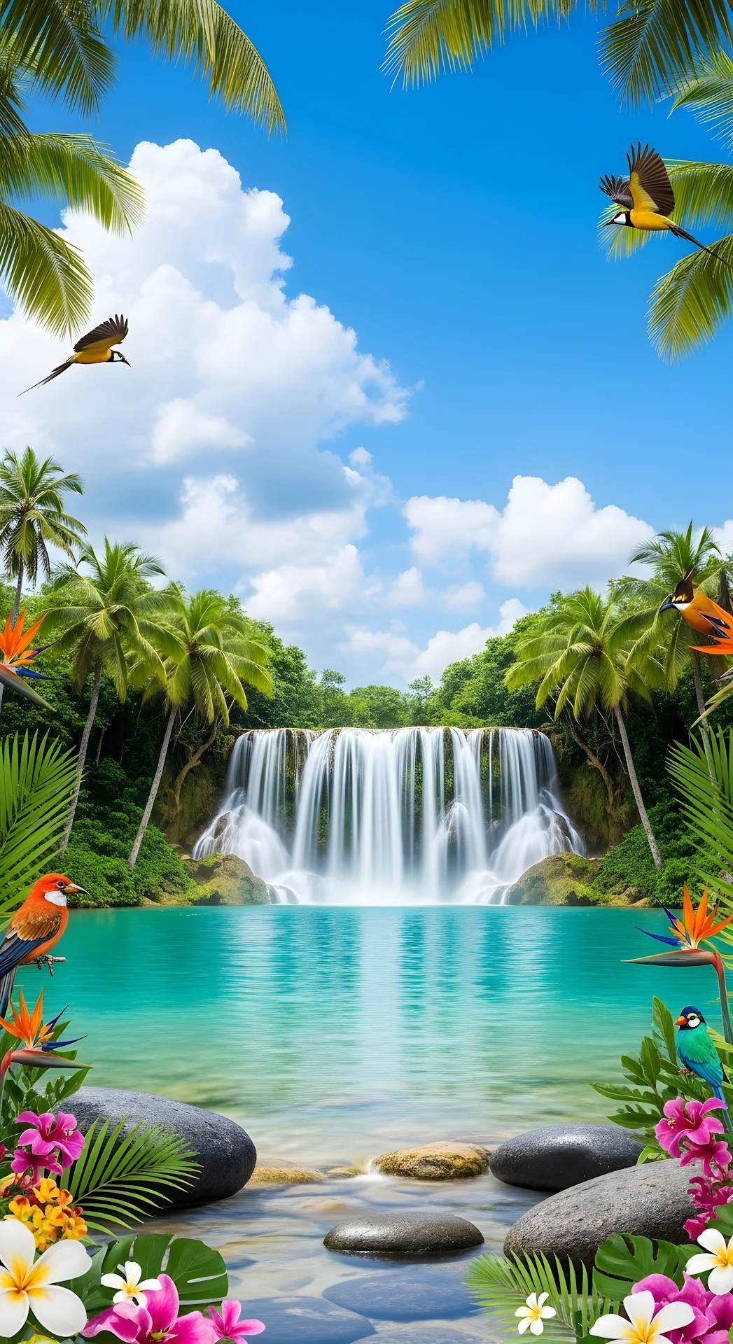 Lush Jungle Waterfall and Crystal Lagoon - Free 4K mobile Wallpaper