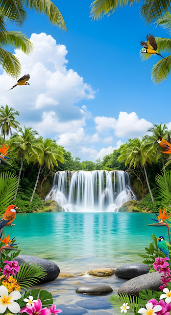 Lush Jungle Waterfall and Crystal Lagoon - Free mobile Wallpaper