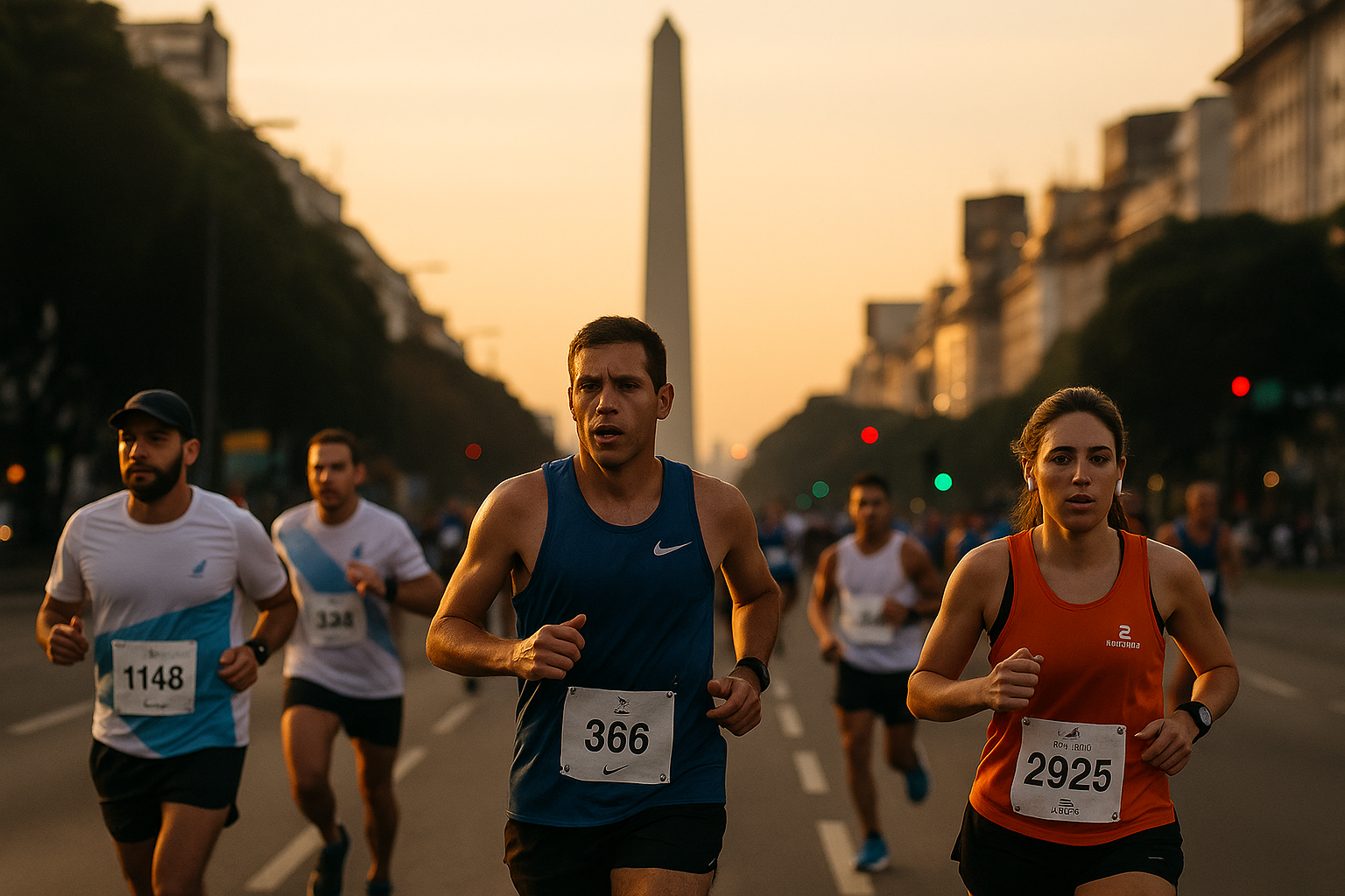 Corredores en la Maratón de Buenos Aires con el Obelisco de fondo al amanecer