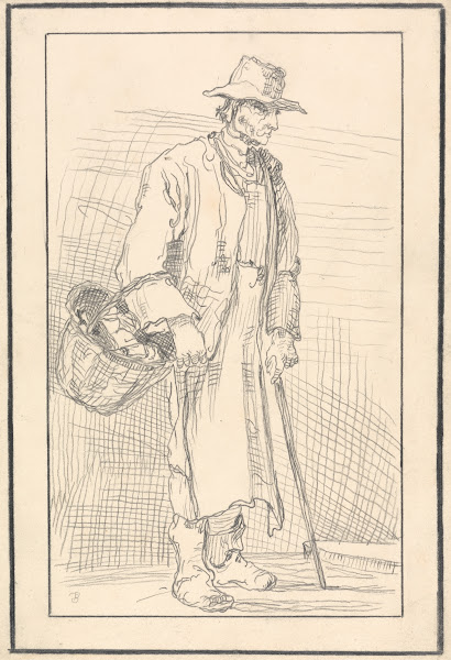 Elderly Figure with a Basket and Cane