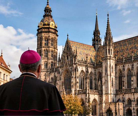 Arcebispo não identificado visto pelas costas diante de catedral gótica; imagem não é retrato de Forgáč nem registro da nomeação