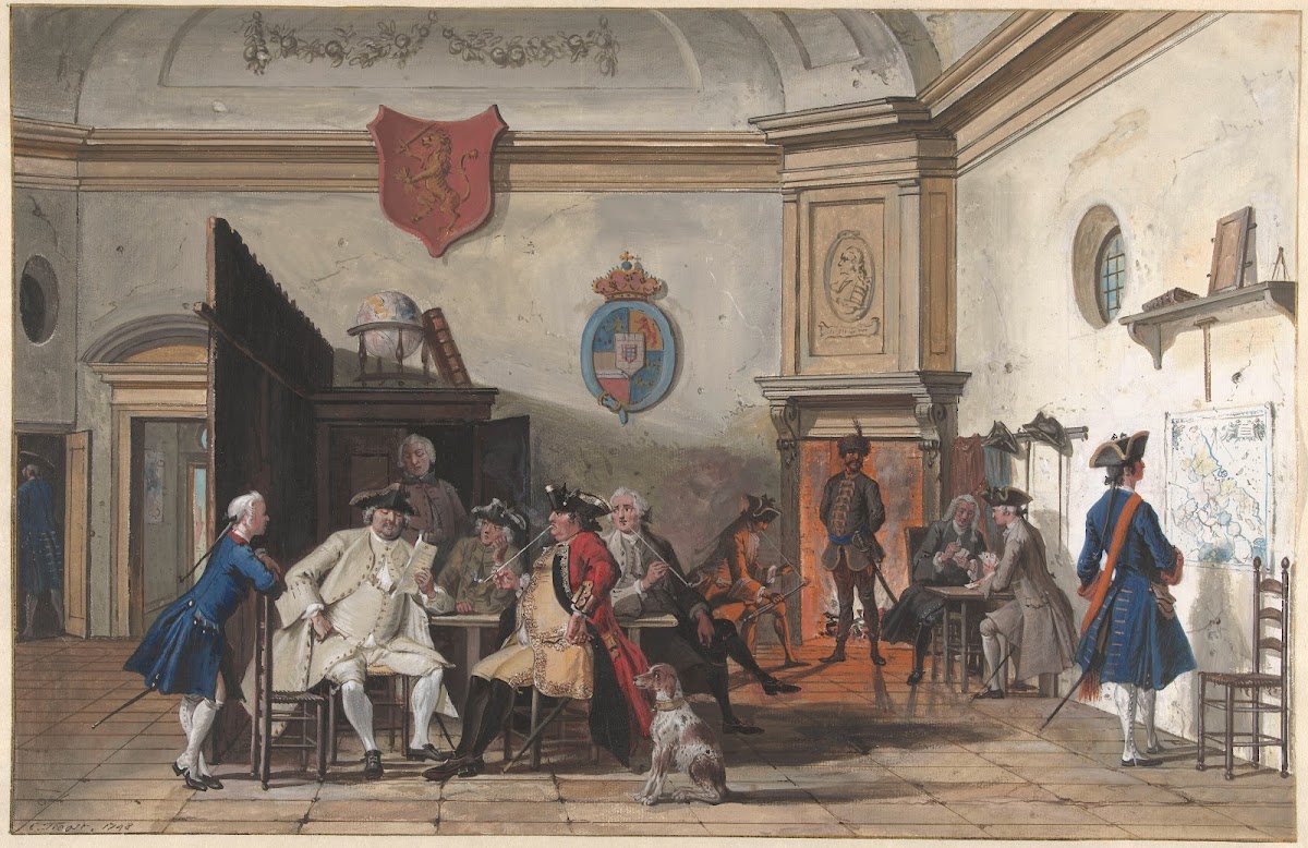 Wachtlokaal met lezende rokende en kaartspelende officieren 1748