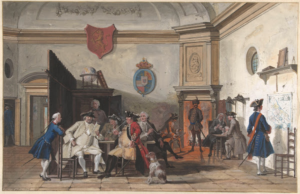Wachtlokaal met lezende rokende en kaartspelende officieren 1748