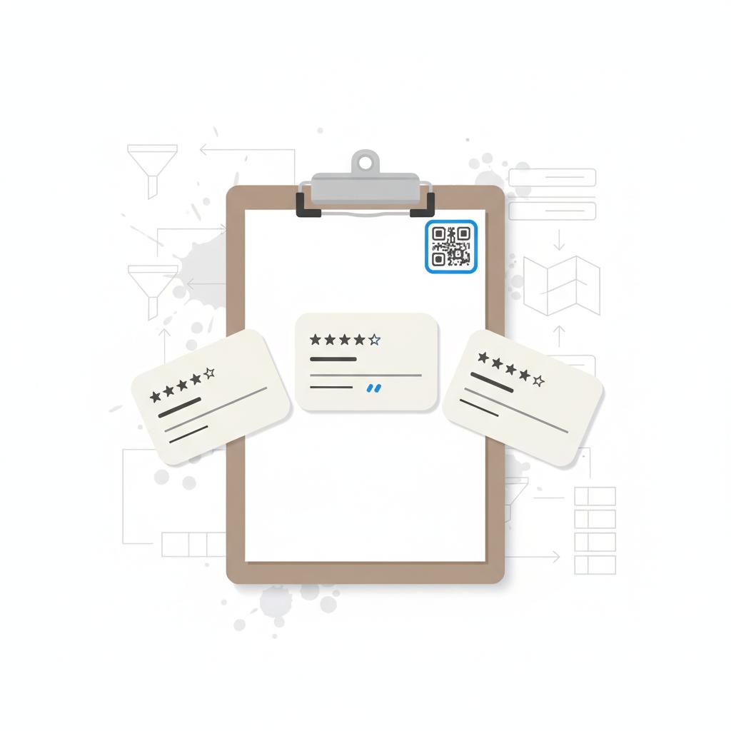 how do you advertise yourself as a contractor? top-down 2D vector of a contractor clipboard with three review cards and a stylized QR-code sticker on a white surface with subtle paint splatter.