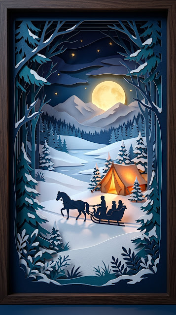 Vibrant Blue Papercut Sleigh Ride Winter Forest Background - Free mobile Wallpaper