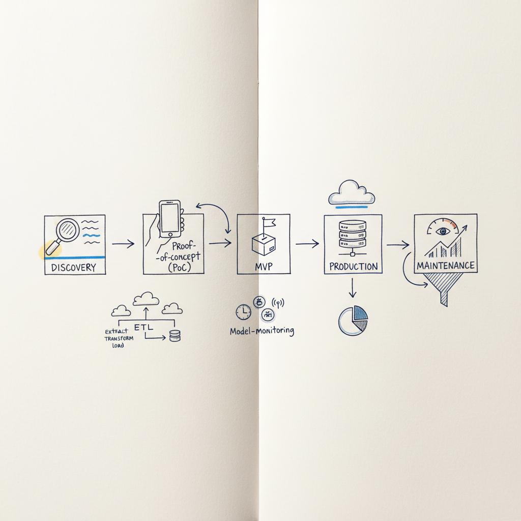 Notebook-style roadmap sketch showing discovery, PoC, MVP, production and maintenance with cloud compute, data pipeline and model monitoring icons &mdash; how much does an AI expert cost
