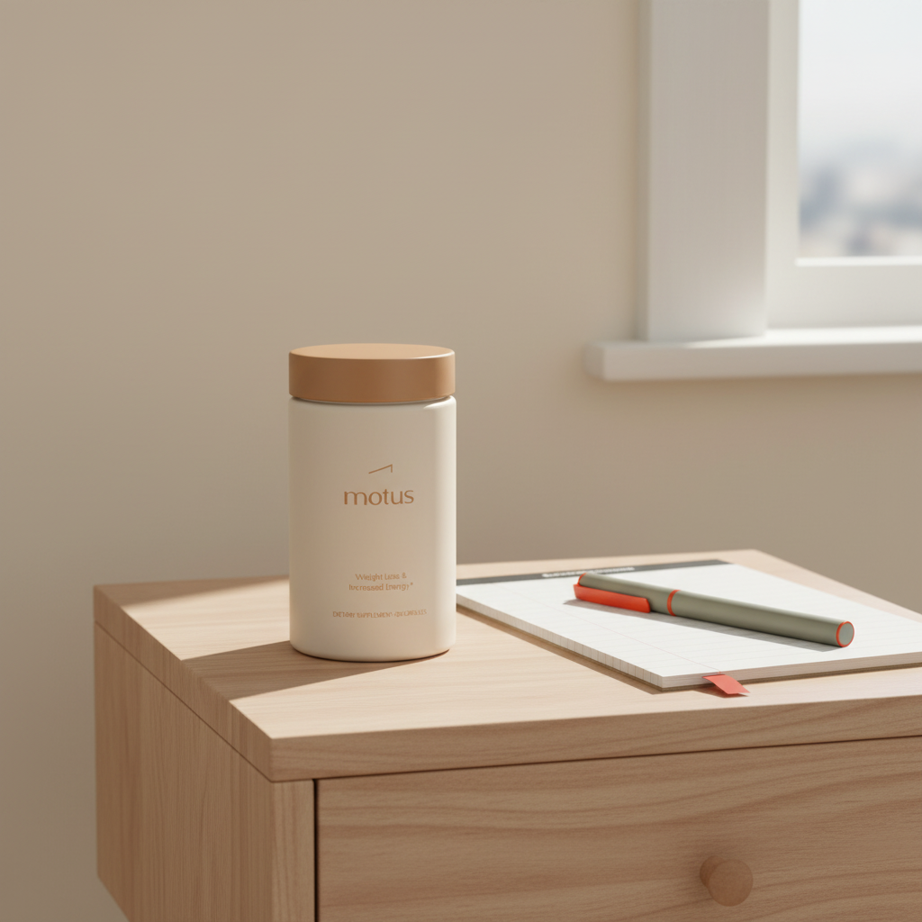 Motus supplement jar on wooden bedside table next to notepad and pen in soft morning light, minimalist wellness scene highlighting best supplements for belly fat.