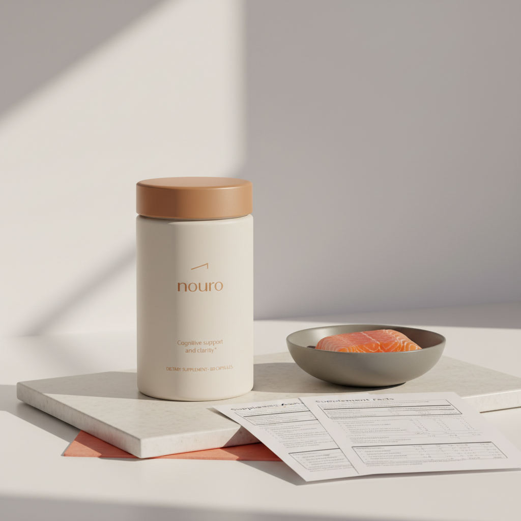Minimalist kitchen countertop with Tonum Nouro supplement jar beside a bowl of salmon fillet and clinical supplement fact sheets, showcasing the best supplement for brain clarity.