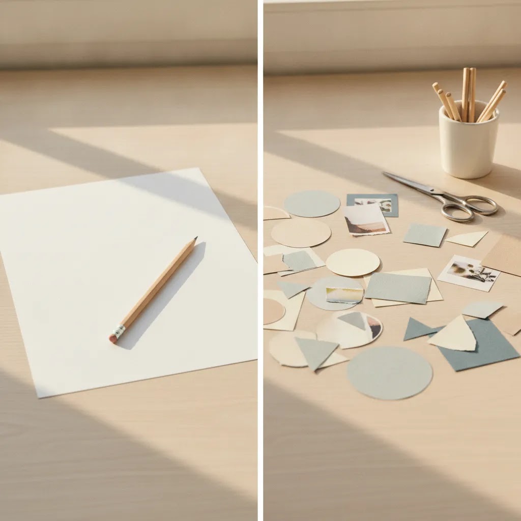 collage art therapy benefits for beginners illustrated by pre-cut paper pieces beside a blank page