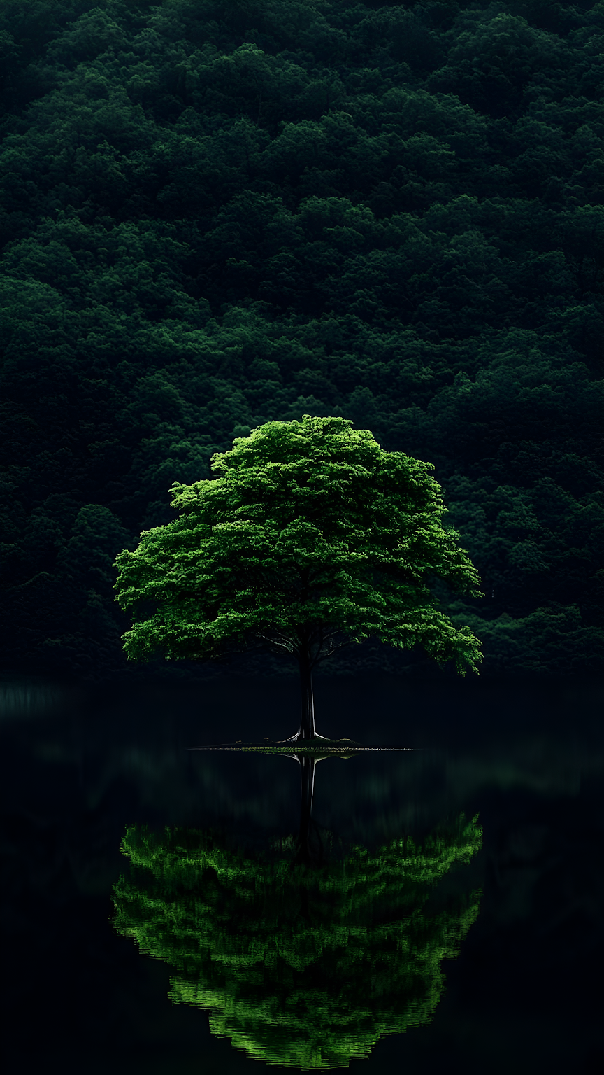 Lush Green Tree Reflection Dark Forest Lake Minimalist Nature