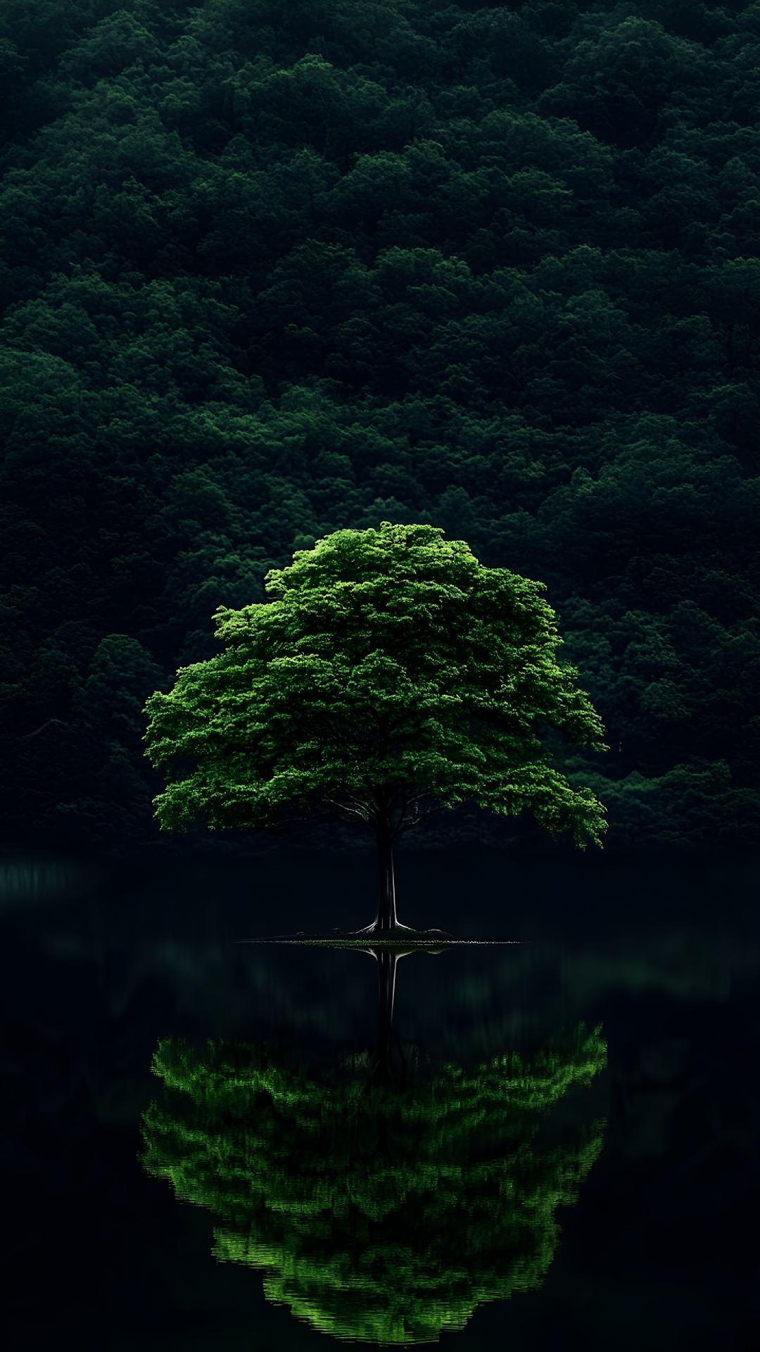 Lush Green Tree Reflection Dark Forest Lake Minimalist Nature - Free 4K mobile Wallpaper