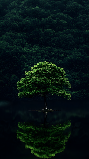 Lush Green Tree Reflection Dark Forest Lake Minimalist Nature - Free mobile Wallpaper