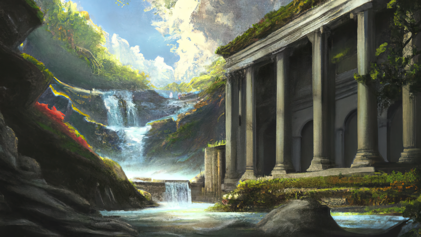 A Stunning Ai Art, Painting, Temple, Ancient Temple, Waterfall 4K Desktop and Mobile Wallpaper Background (3840x2160)