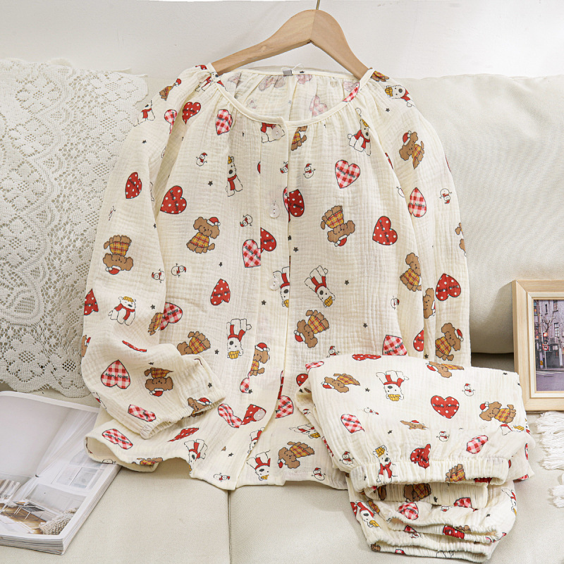 Women's cotton muslin pajama, long-sleeved, breathable