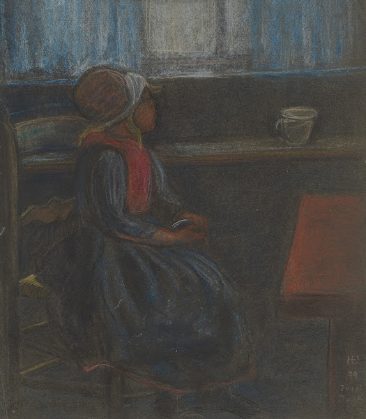 Mädchen im Profil nach rechts aus dem Fenster blickend 1899
