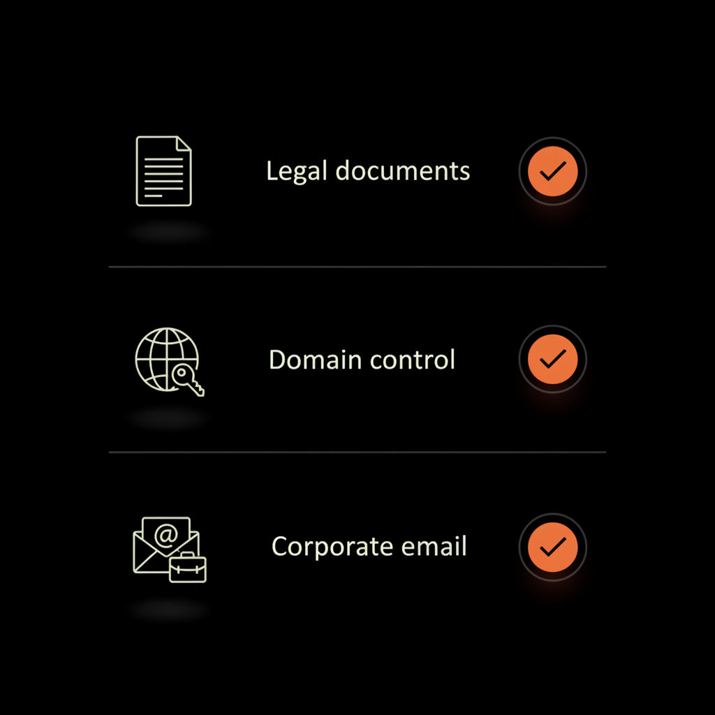 Minimal full-frame infographic checklist for earning Twitter gold checkmark: vector icons for legal docs, domain control, and corporate email on black background.