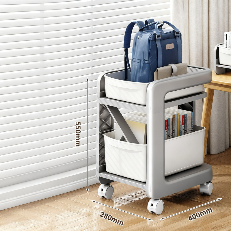 Multi-tiered book shelf with wheels and school bag compartment